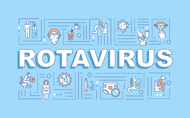 Rotavirus 단어 개념 배너입니다. 바이러스 감염 전염병. 질병이 있는 환자. 파란색 배경에 선형 아이콘으로 인포 그래픽입니다. 고립 된 인쇄 술입니다. 벡터 개요 Rgb 컬러 일러스트