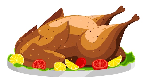 Premium Vector | Rotisserie chicken on a platter with tomatoes and lemons