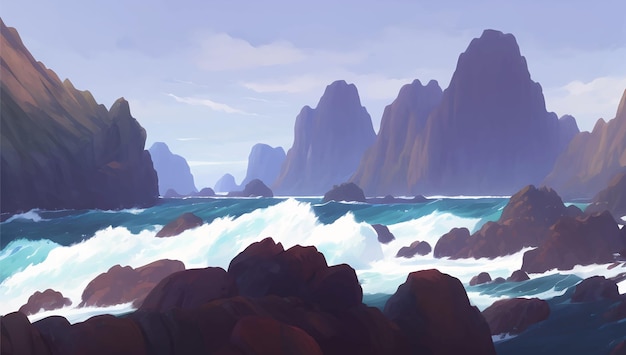 Vector rotsachtig zeegezicht met strandzand tijdens zonsopgang of zonsondergang gedetailleerde handgetekende schilderijillustratie