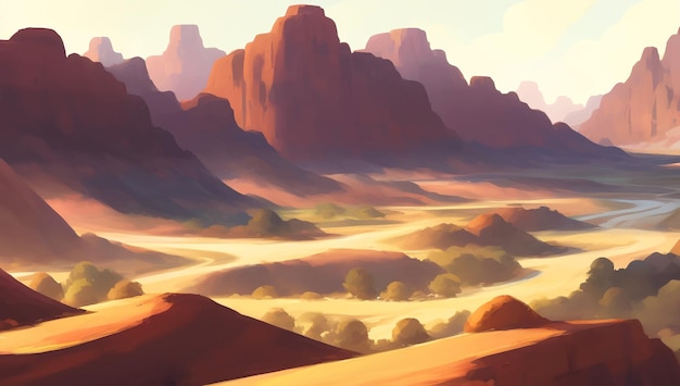 Rotsachtige woestijn met ravijnen tijdens zonsopgang of zonsondergang Gedetailleerde handgetekende schilderij illustratie