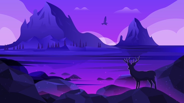 Vector rotseilandlandschap met herten vliegende vogel gloeiende rotsen illustratie natuurscène
