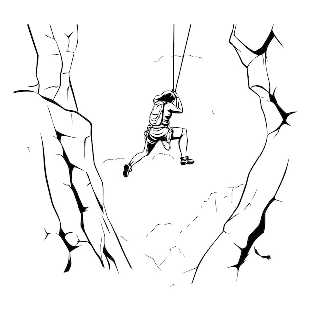 Rotsklimmer klimt op een gebarsten muur vector schets illustratie