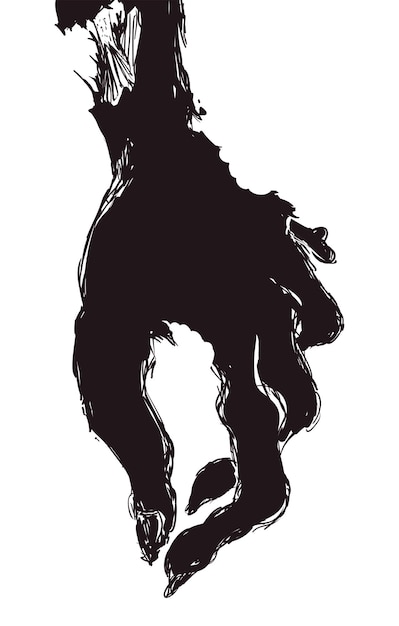 Rotten zombie hand silhouette in hand drawn style holding from above over white background