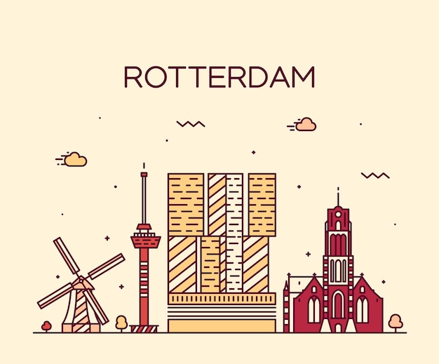 Rotterdamse skyline, gedetailleerd silhouet. Trendy vectorillustratie, lineaire stijl