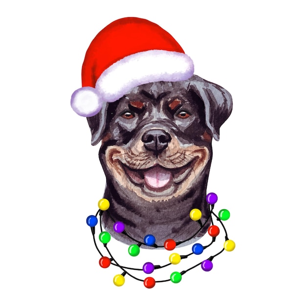 Rottweilerhond met kerstverlichting in de kerstmuts. leuke kerst puppy illustratie.