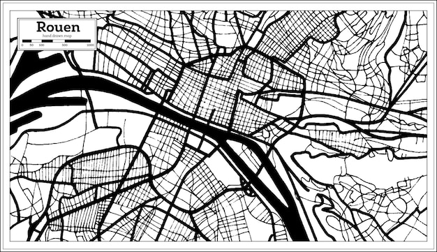 Карта города руан франция в черно-белом цвете в стиле ретро карта контура