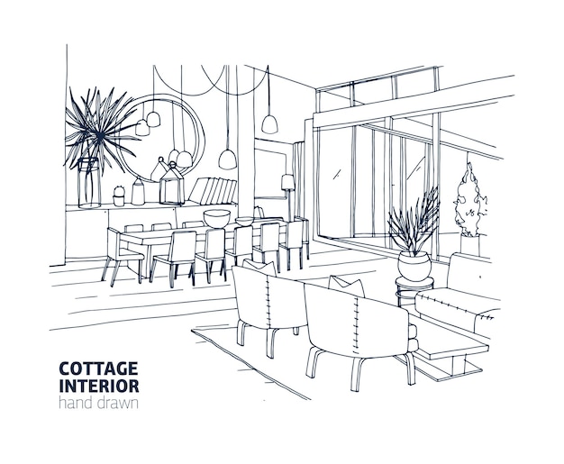 Vector rough monochrome drawing of house or summer cottage interior with stylish furniture and home decorations