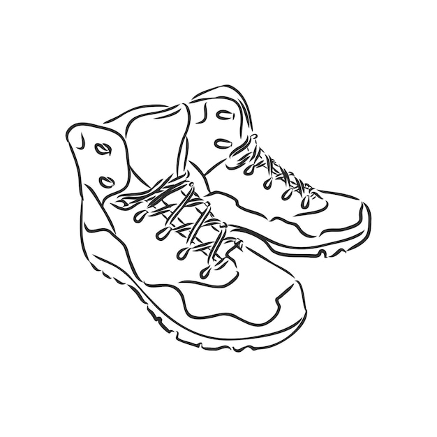 Stivali abbozzati grezzi. stivaletti, scarpe da montagna disegno vettoriale illustrazione su sfondo bianco
