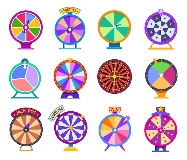 Vector roulette fortune wheels prize roulette wheel lucky circle and lottery game spins casino gaming elements isolated win jackpot chance exact vector set