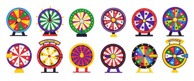 Ruota della roulette gioco di fortuna gira la lotteria del casinò dei cartoni animati per vincere un premio o perdere gira i cerchi colorati con frecce e settori il gioco d'azzardo fortunato vettoriale ruota l'insieme isolato dell'attrezzatura