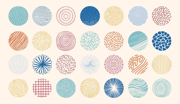 丸い抽象的なカラーセットの手描きのドゥードル形状の背景は,斑点の円の形状です.