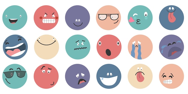 Facce rotonde astratte di fumetti con varie emozioni set di emoticon di diversi personaggi colorati