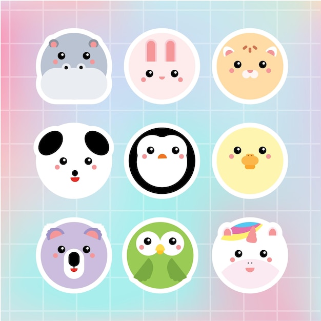 Vector round animal cute sticker set