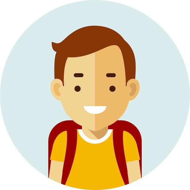 Round Avatar Portrait Icon of Elementary Student Boy with Backpack in Flat Style