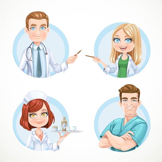 Round avatars portraits of doctors and nurse isolated on white background set 1