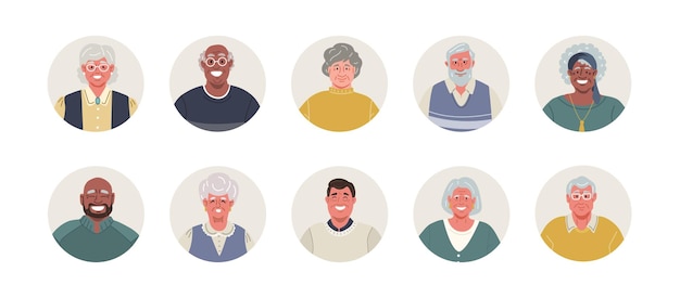 Vector round avatars set of diverse smiling elderly peoplevector flat illustration