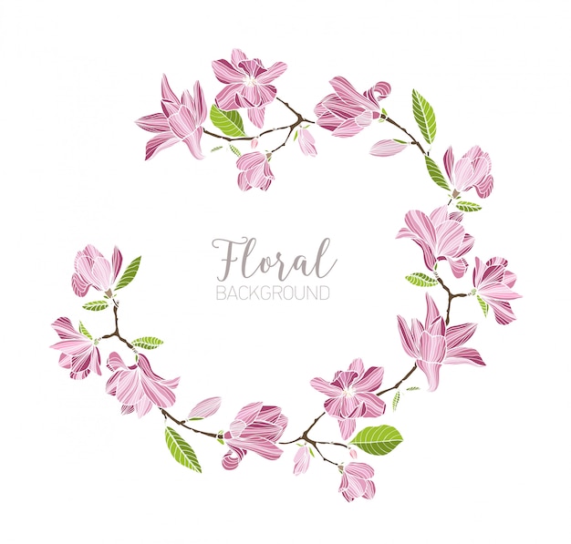 Round background, border or frame made of branches with tender pink blooming magnolia flowers and green leaves. beautiful circular floral decoration or wreath. hand drawn illustration.