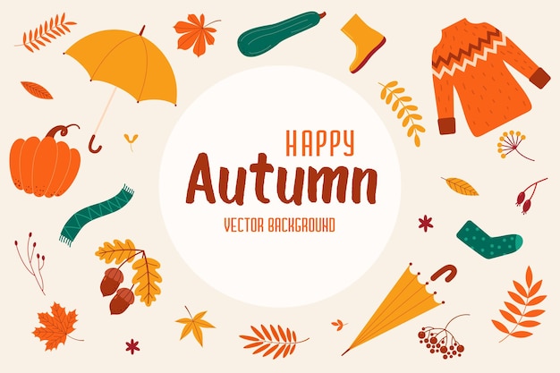 Round background with autumn elements and the inscription happy autumn Flat vector illustration