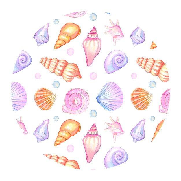 Round background with watercolor seashells