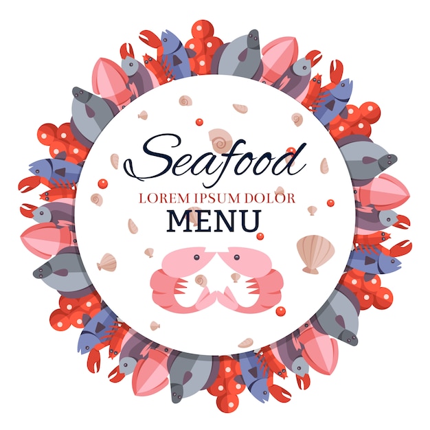 Menu banner rotondo con frutti di mare