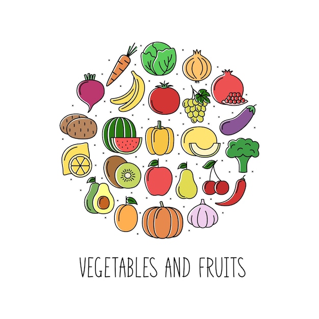 Круглый баннер с цветными овощами, фруктами и ягодами, иконками в линейном стиле Дизайн для рынка и векторной иллюстрации магазина