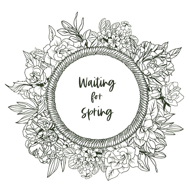 ロープフレームと小さな春の花-ジャスミン、牡丹、クチナシの花の丸いバナー。手描きイラスト。