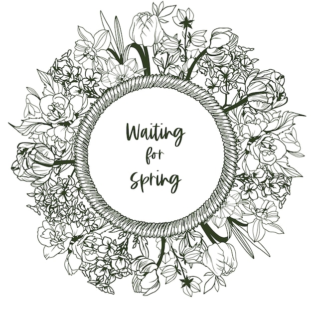 Round banner with rope frame and tiny spring flowers - narcissus, snowdrops, tulips, lilies of the valley. Hand drawn   illustration.