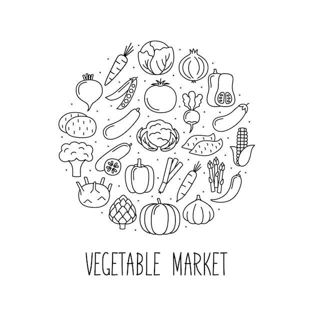 Round banner with vegetables icons in linear style Design for market and store vector illustration