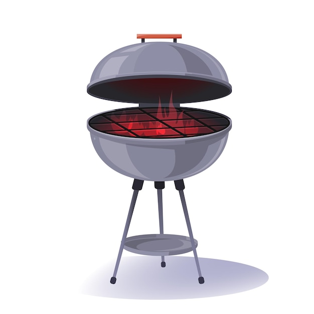 Barbecue rotondo bbq griglia a carbone con fiamma ardente stile cartone animato illustrazione vettoriale realistica