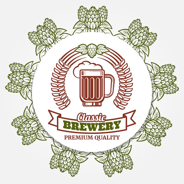 Round beer banner with hops and beer label