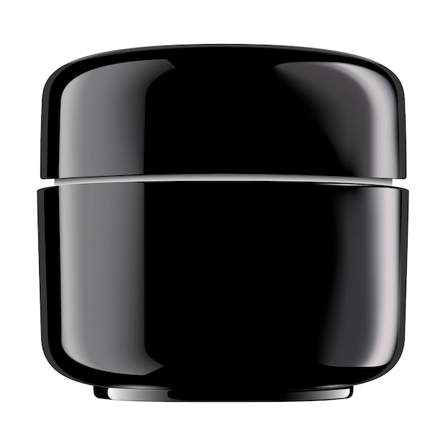 Круглый черный глянцевый пластиковый контейнер для косметических продуктов: пудра, крем, лосьон, скраб, масло, продукт, жидкость. пустой вектор 3d изолировал