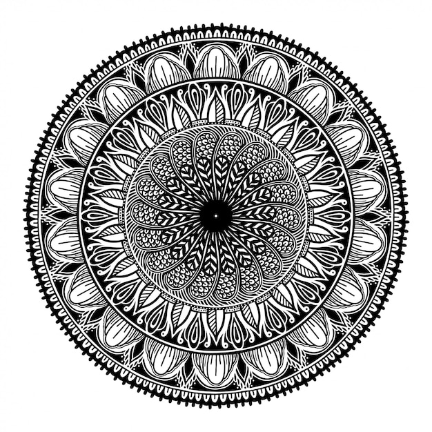 Round black mandala on white isolated white background. 