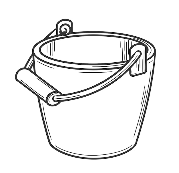 Round bucket with handle Doodle sketch style Linear simple drawing of a pail with strokes