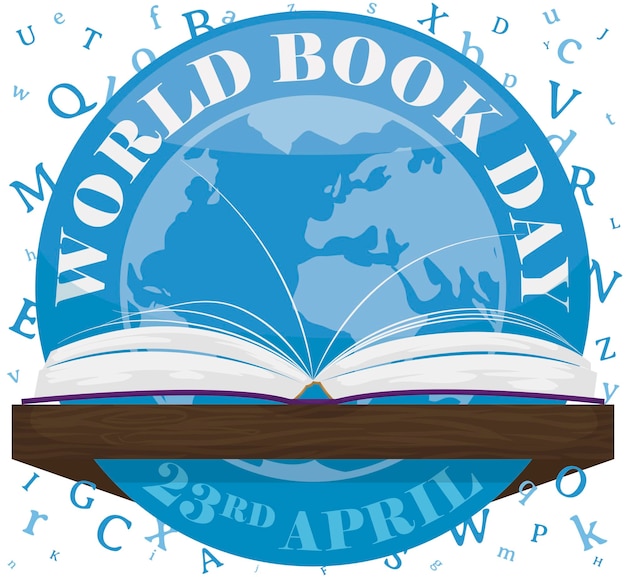 벡터 둥근 버튼과 그 안의 지구, 세계 책의 날을 축하하기 위해 어져 있는 편지들이 새겨진 열린 책.