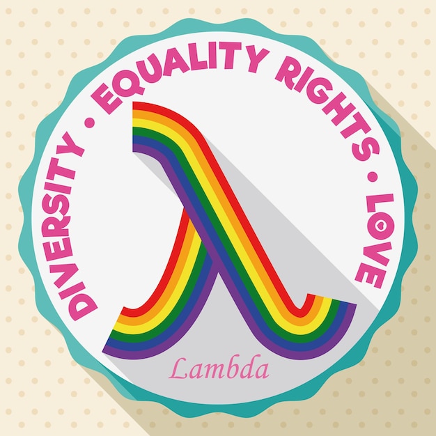 Vector round button with colorful lambda symbol for lgbt equality rights