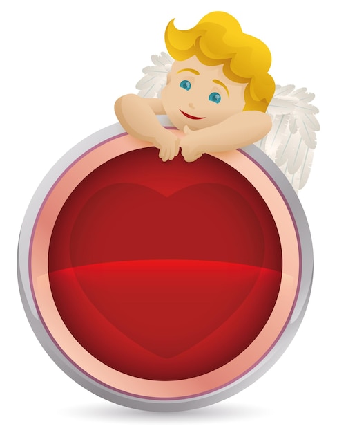 Vector round button with heart inside of it and blond cupid resting over it design with gradient effect