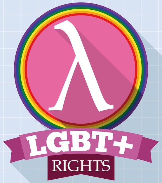 Round button with lambda symbol and ribbon for lgbt rights