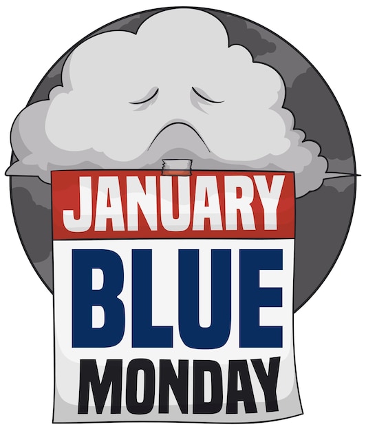 Круглая кнопка с грустным штормовым облаком с календарем, напоминающим дату Голубого понедельника в январе