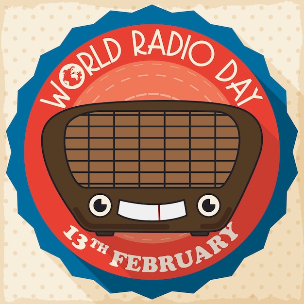 Vector round button with smiling vintage radio in flat style and long shadow celebrating its world day