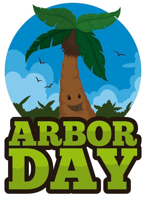 Round button with a tropical view and smiling palm tree celebrating Arbor Day