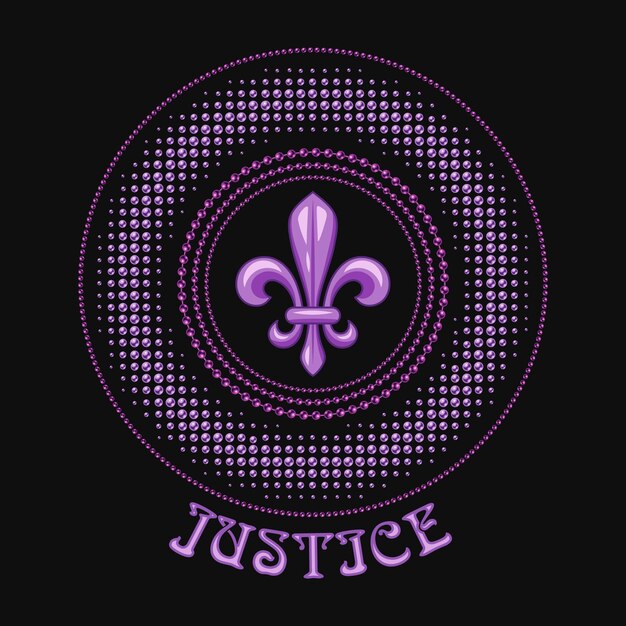 Vector round carnival mardi gras purple colored label meaning justice beads fleur de lis symbol text