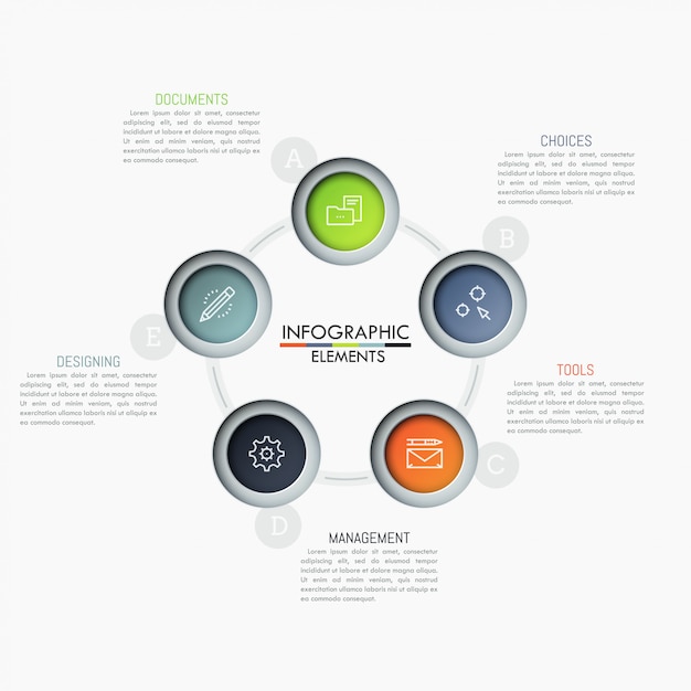 Round chart with 5 connected circular elements, linear icons and text boxes