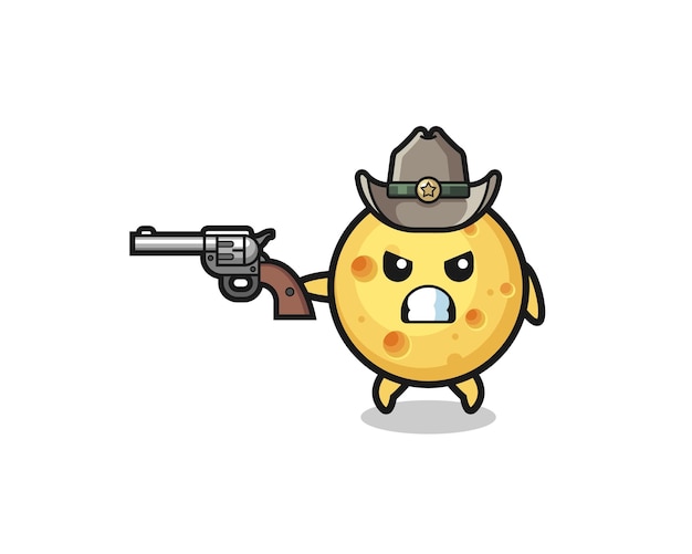 Vettore il cowboy al formaggio rotondo che spara con un design carino con una pistola