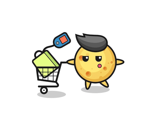 Round cheese illustration cartoon with a shopping cart , cute style design for t shirt, sticker, logo element