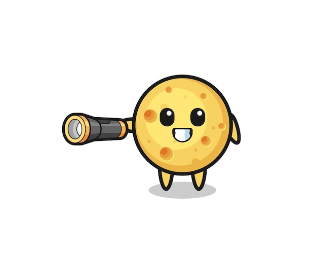 Round cheese mascot holding flashlight  cute design