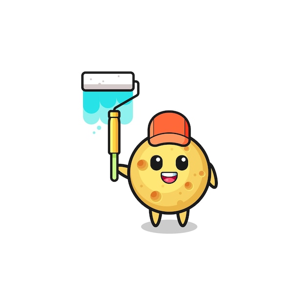 The round cheese painter mascot with a paint roller  cute design