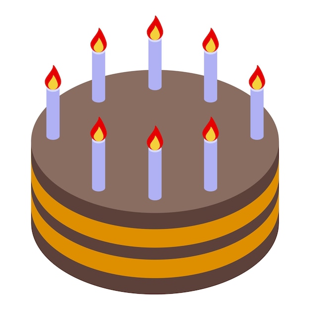 불타는 불이 있는 둥근 초콜릿 생일 케이크 이소메트릭 아이콘