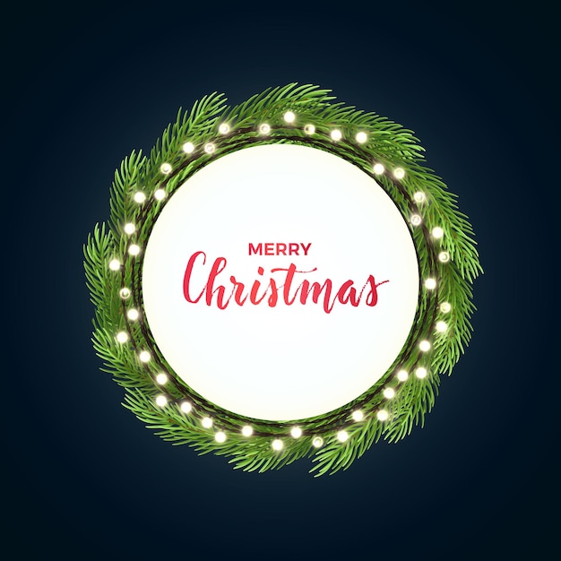 Round christmas design with light bulb garland and green fir tree wreath on dark backround vector illustration template for banner card or flyer