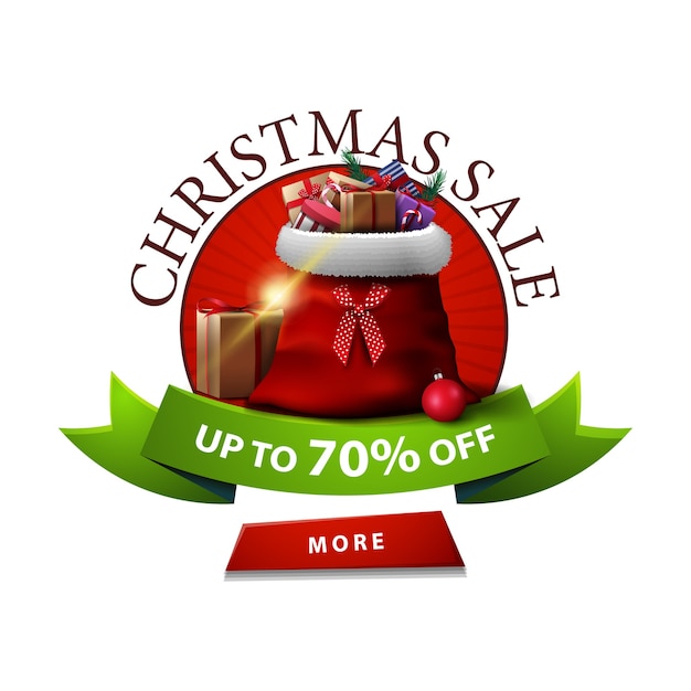 Round christmas discount banner with santa claus bag with gifts