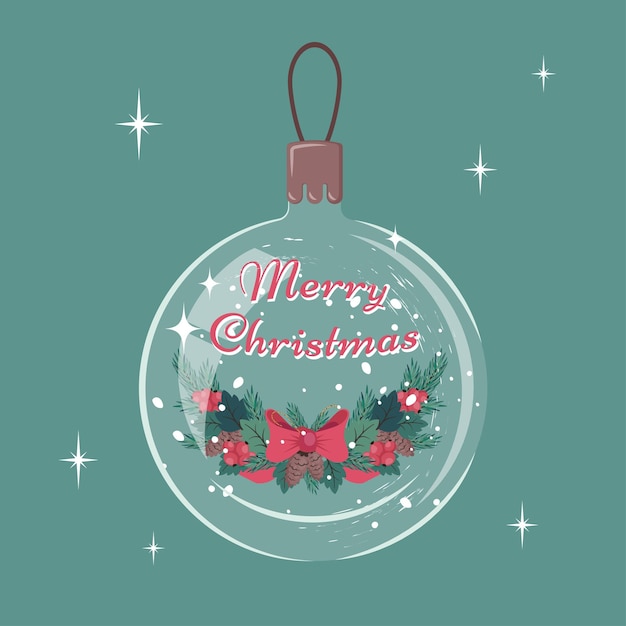 ベクトル モミの木の枝を持つ丸いクリスマス グローブ。雪のガラス玉とクリスマス リース、モミの実、ヒイラギの葉、果実、挨拶文。新年の飾り。ベクトル漫画フラットイラスト